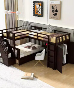 Whisen Modern Design Twin over Full L-Shaped Bunk Bed With 3 Drawers, Portable Desk and Wardrobe