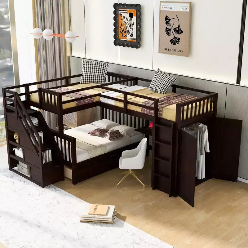 Whisen Modern Design Twin over Full L-Shaped Bunk Bed With 3 Drawers, Portable Desk and Wardrobe
