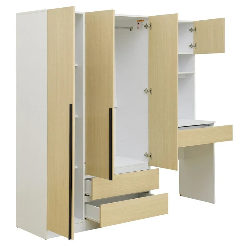 3-in-1 Wardrobe Closet with Vanity Desk, Desk Set, Bedroom Armoire with 2 Drawers 3-Door Storage Desk Wardrobe – Image 21