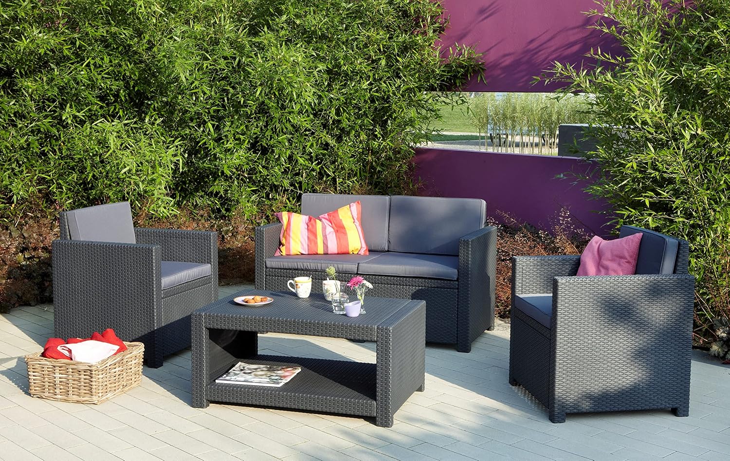 Allibert by Keter Monaco Salon de Jardin 4 pièces, Graphite/Gris, avec Coussins d'assise et de Dossier, en Plastique, Aspect rotin Plat – Image 2