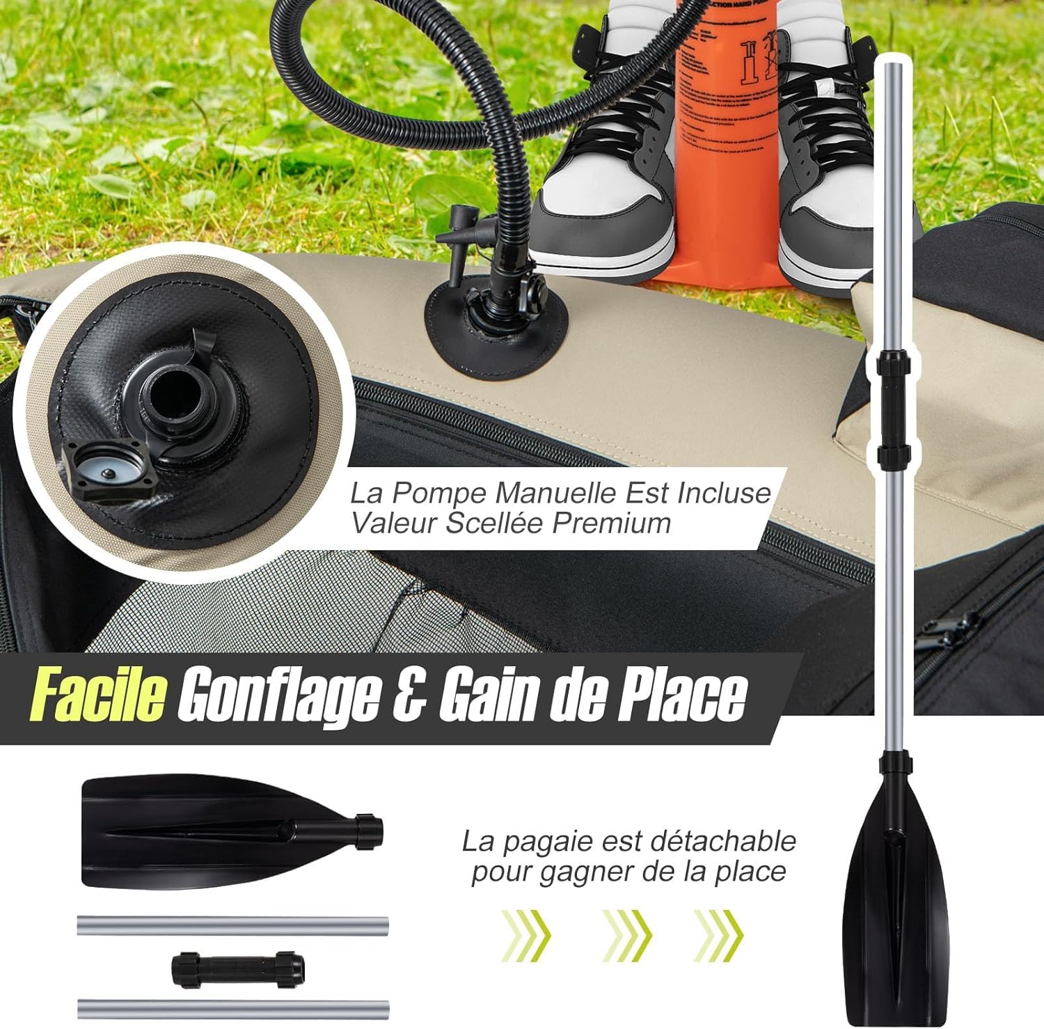 GYMAX Bateau Pêche Gonflable Portable, avec Pagaie, Règle à Poisson, Porte-Canne, Palmes, Pompe, Poches de Rangement, Tansport Pratique avec Bandoulières – Image 6