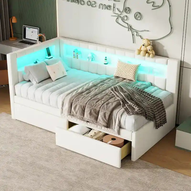 Upholstered Platform Bed with USB Ports & LED Lighting - Full/Twin Size Bed Frame with 2 Storage Drawers - Modern Bedroom – Image 5