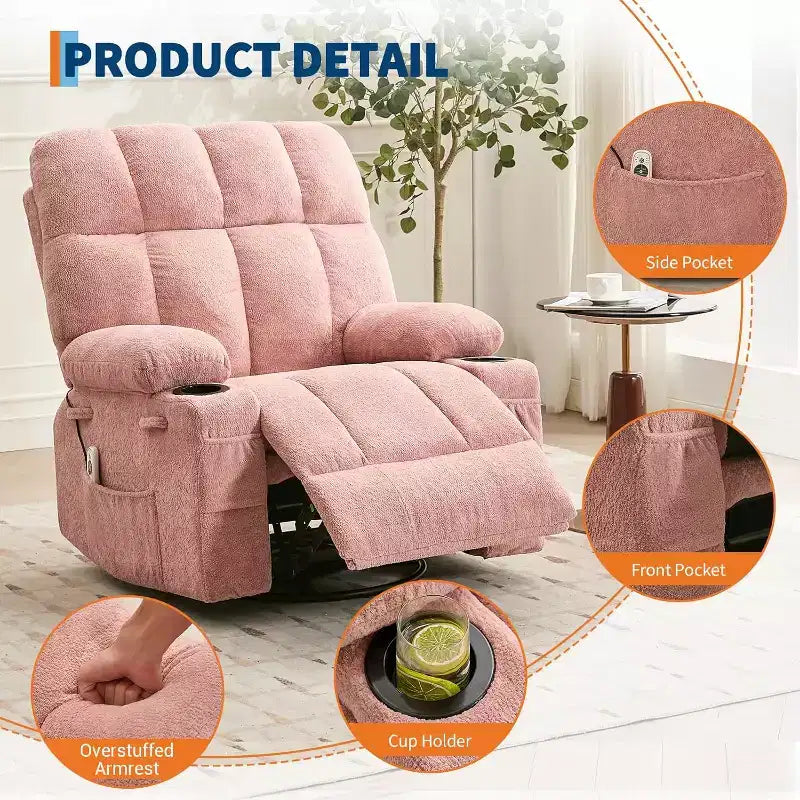 Oversized Recliner Chair for Adults, Manual Swivel Rocker Sofa, Side Pockets & Cup Holders for Big and Tall Persons, Living Room – Image 20