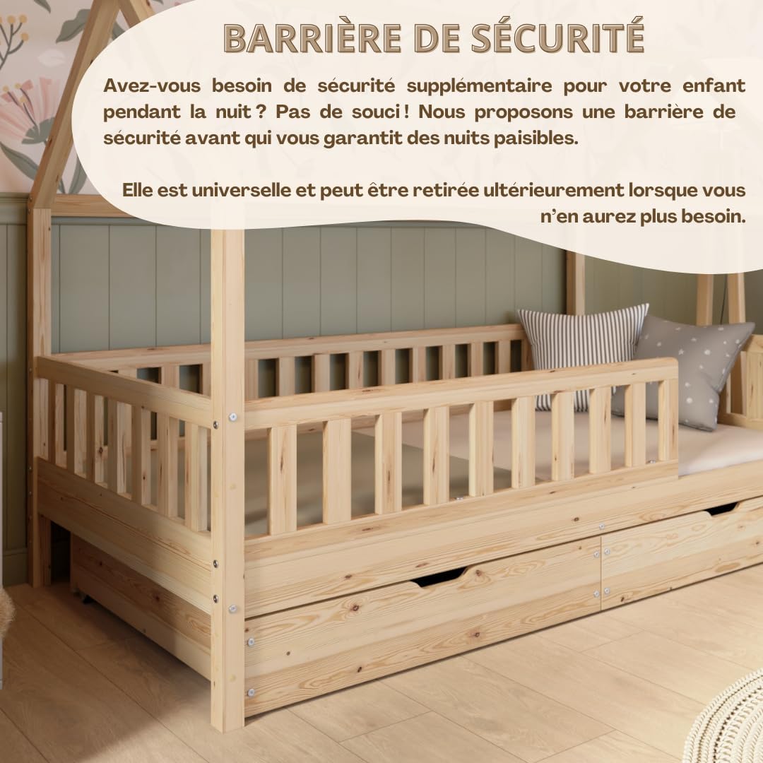 Crazy Blanco Lit de maison avec tiroirs, 90 x 190 cm, en bois naturel, avec protection anti-chute, design scandinave, lit de sol Montessori avec espace de rangement supplémentaire – Image 5
