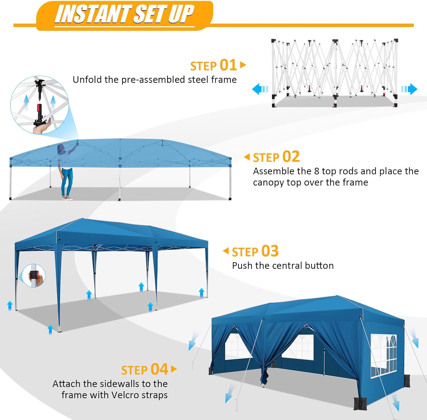 HOTEEL Tonnelle Pliante 3x6m étanche et Stable – avec 6 parois latérales, Construction en Une poussée, 8 Barres Pare-Vent – Tente de fête pour Mariage, Camping(Bleu) – Image 5