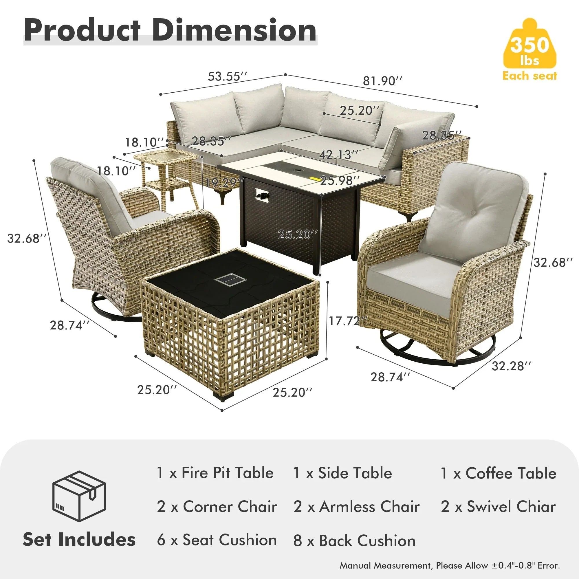 OVIOS 9 Pieces Outdoor Wicker Swivel Chair Set With Fire Table – Image 74