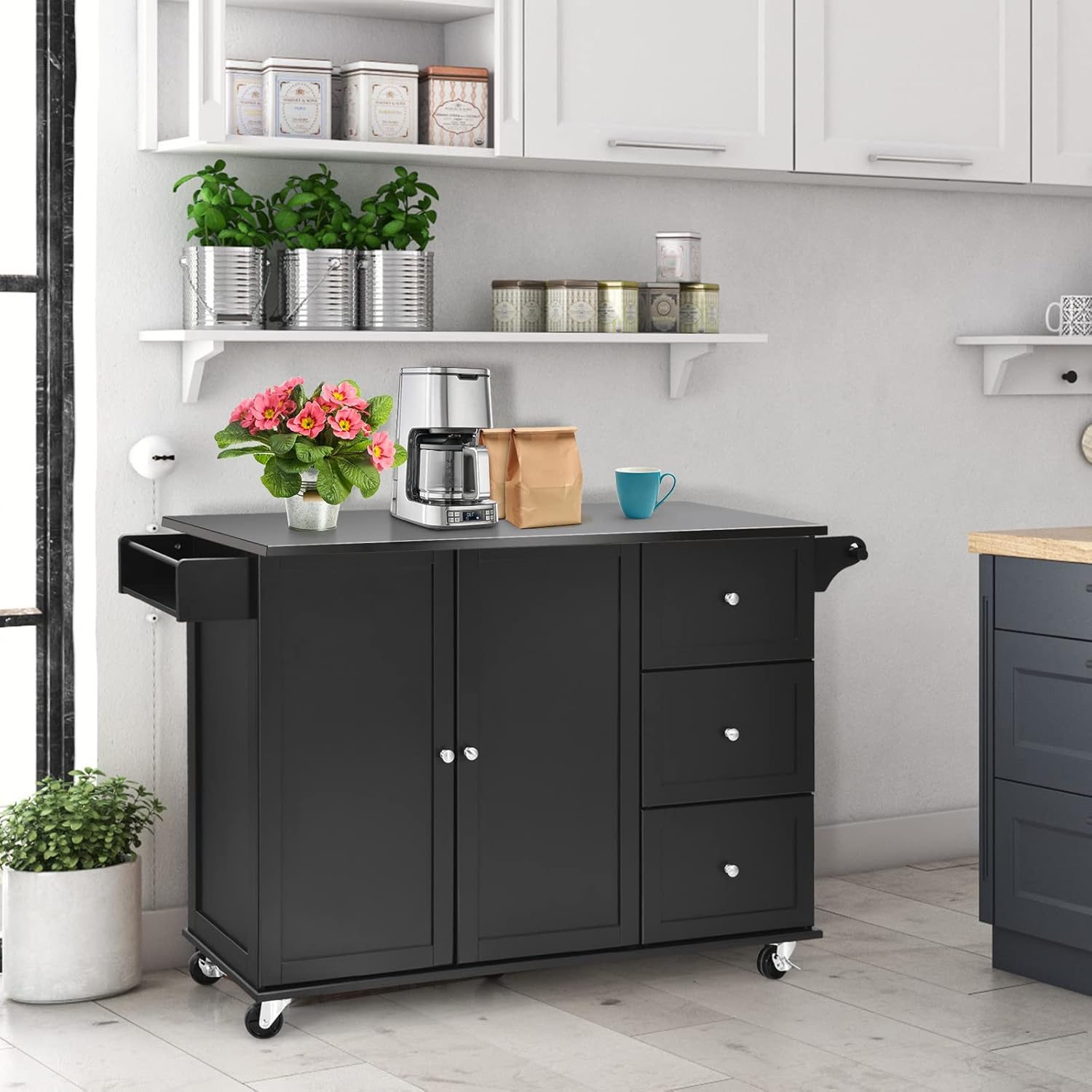 KOMFOTTEU Îlot Central Mobile avec Plan de Travail en Acier Inoxydable, Chariot de Cuisine avec 3 Tiroirs, Porte-Serviettes et Étagère réglable, Desserte sur roulettes, 135 x 45,5 x 91,5 cm Noir – Image 2