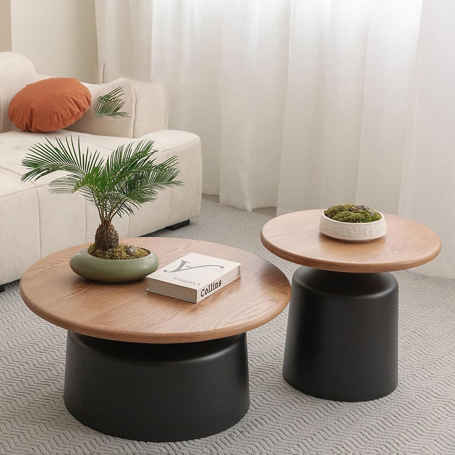Table Basse Ronde Bois Massif, Table Basse Ronde Salon Moderne, Style Crémeux, Socle en Acier Au Carbone pour Maison Salon Bureau Ferme-Facile À Assembler(Black) – Image 8