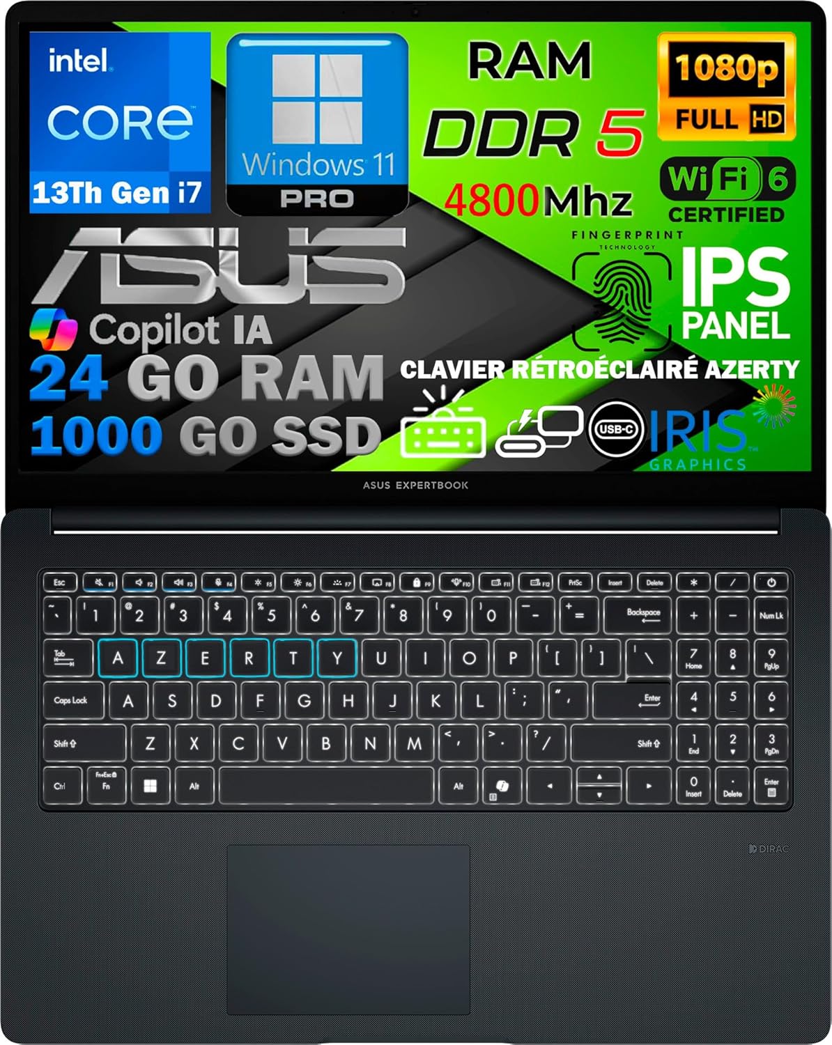 Ordinateur PortableCore i7 13ᵉ Gén 10 Cœurs, RAM 24Go DDR5, SSD 1To, Écran 15.6 FHD IPS, WiFi 6E, Copilot IA, Webcam 1080p, Clavier AZERTY Rétroéclairé, Empreinte Digitale, Win 11 Pro – Image 3