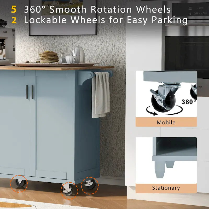 Kitchen Island with Foldable Counter Top, Kitchen Storage Cart with Slide-Out Shelf, Towel Rack and Drawer, Rolling Wheels – Image 5