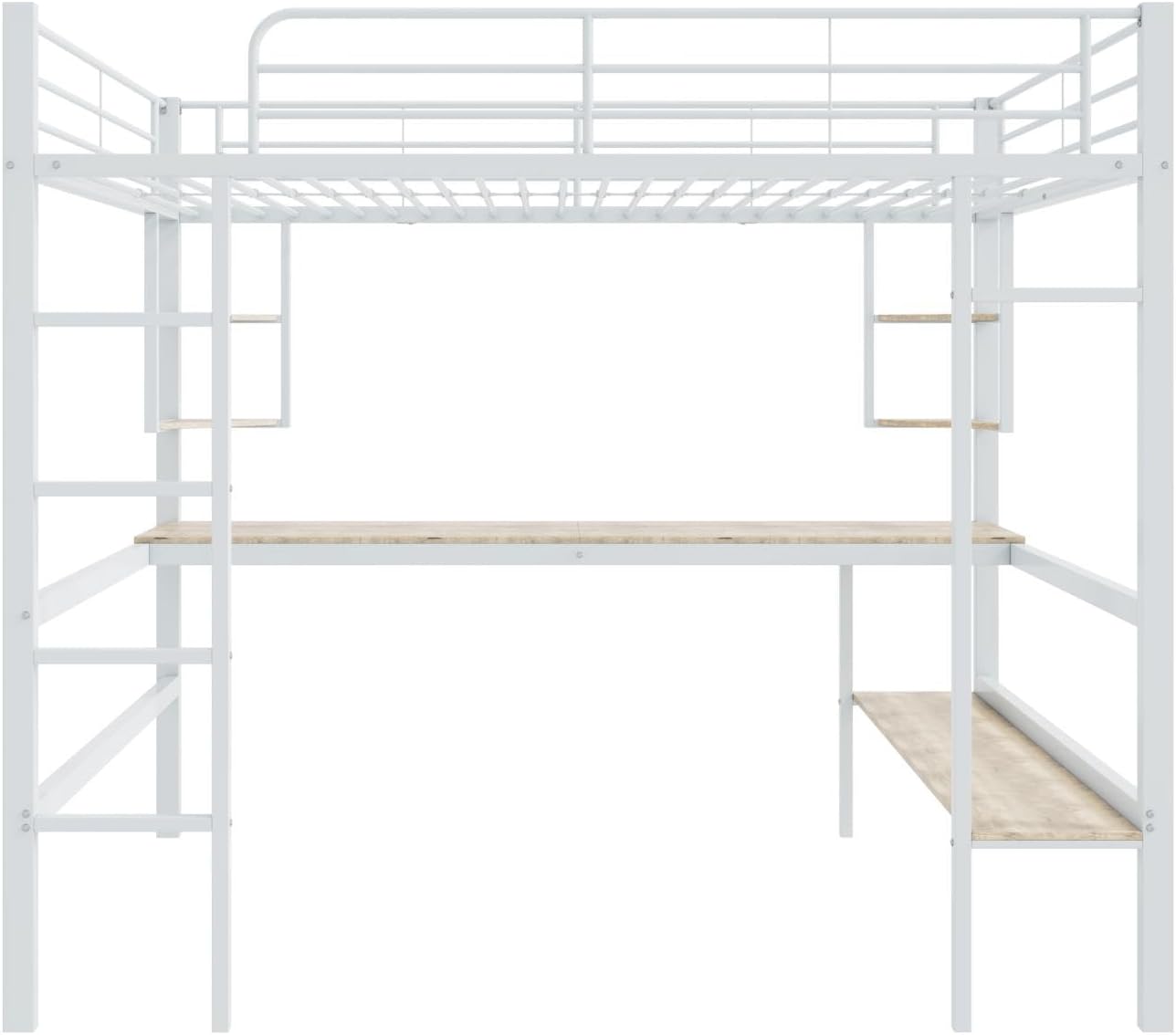 PUGSDRLY Lit Mezzanine Double 140x200cm avec Bureau et étagères, Cadre en Fer, Hauteur Adulte/Adolescent Blanc – Image 5