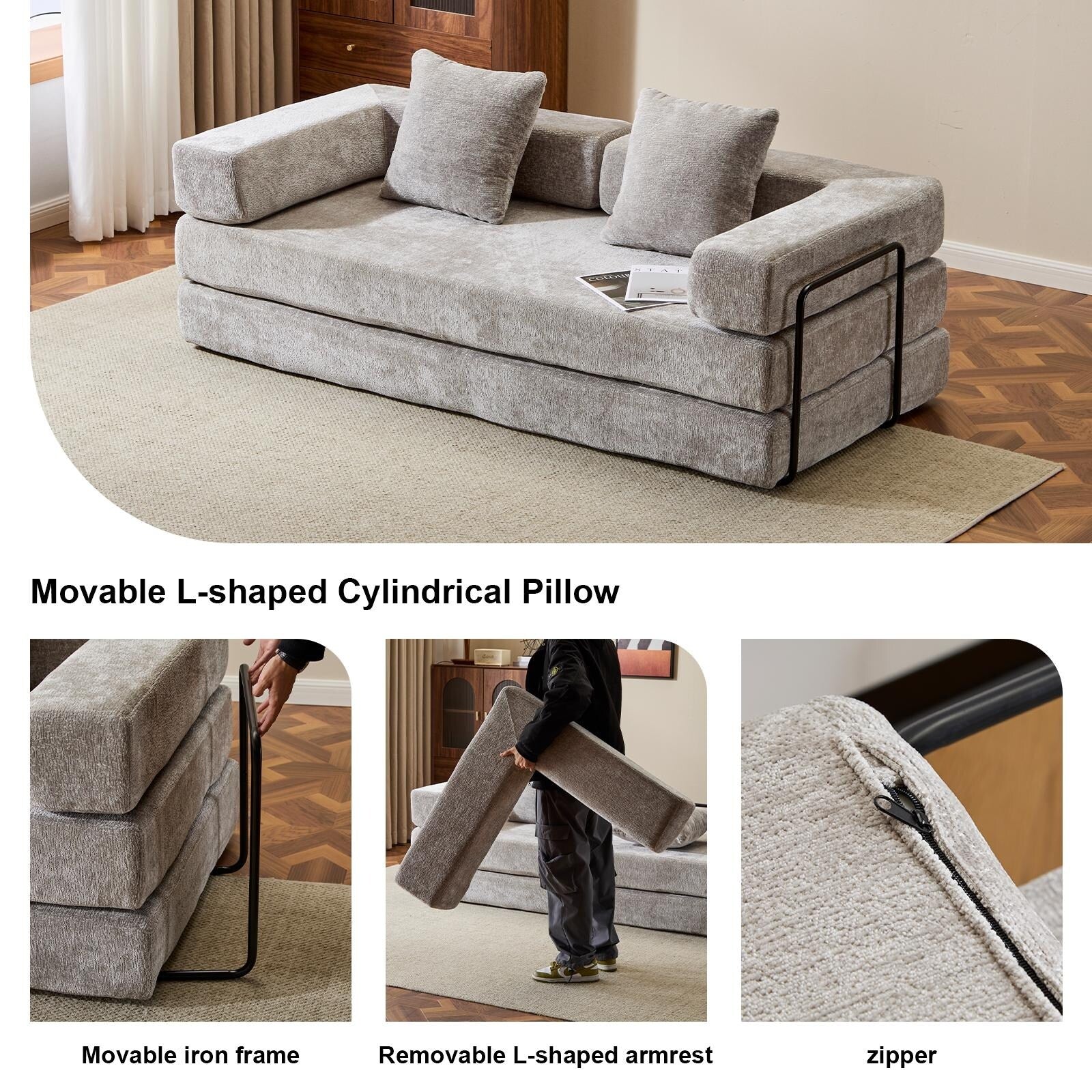 Convertible Floor Sofa Bed with Pillow Back Chenille Fabric for Living Room Bedroom – Image 10