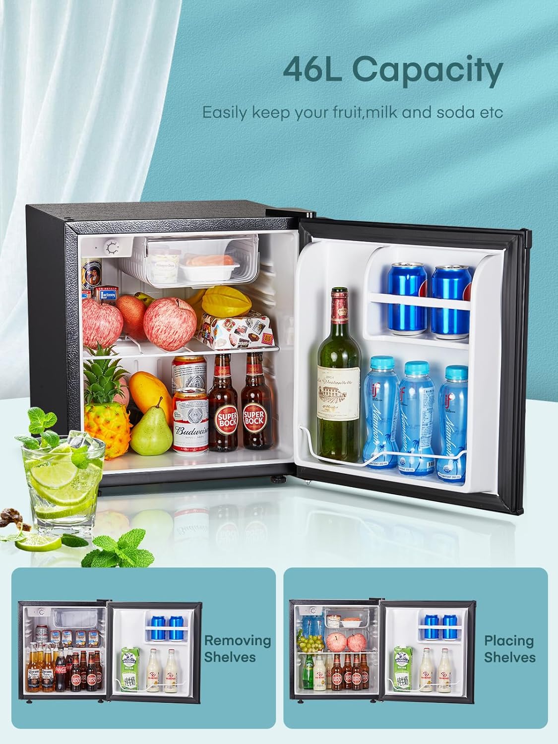 FOHERE Mini Réfrigérateur 46L, Petit Frigo avec Thermostat Réglable, Économie d'Énergie, Silencieux, Porte Réversible, Minibar, Adapté à la Maison et au Bureau, Dortoir, Hôtel, Inox – Image 2