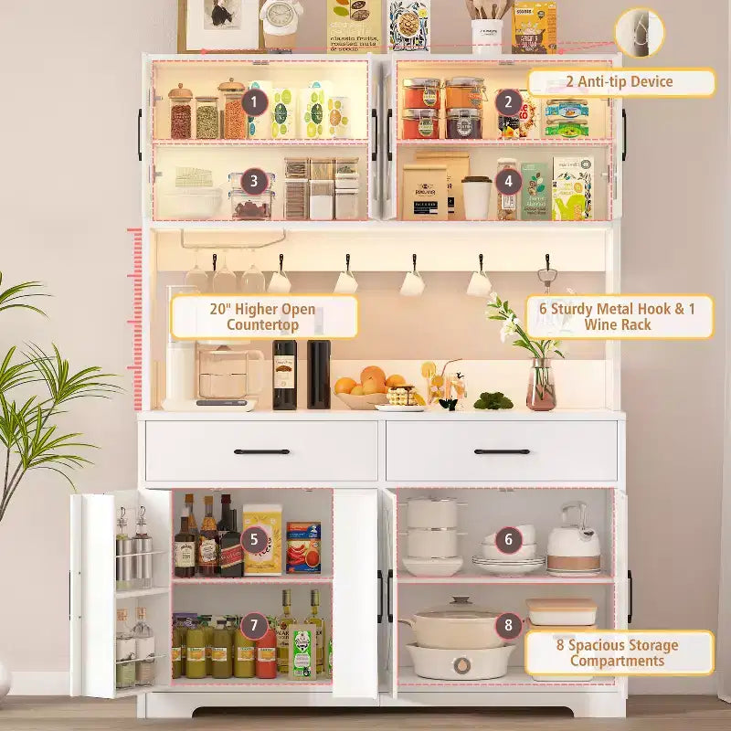 Dyonery white minimalist food storage cabinet, with glass cabinet doors, features 8 spacious storage zones and 2 drawers. – Image 4