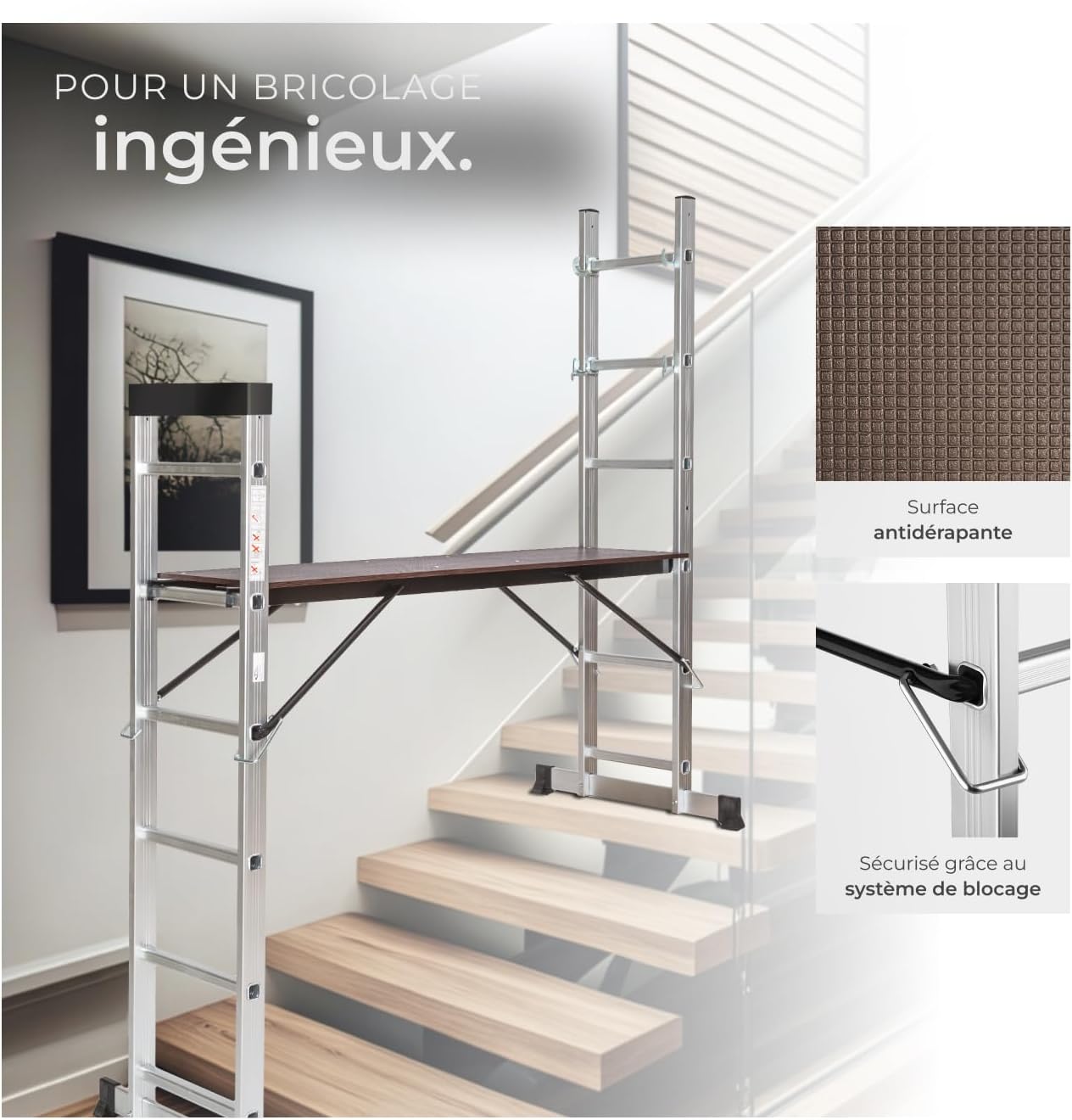 tectake® Échelle Multifonction 3 en 1 Échafaudage Roulant en Acier Plateforme de Travail Antidérapante Échelle Téléscopique Échelle Pliante Escabeau Pliant Bricolage Peinture Toiture – Image 6