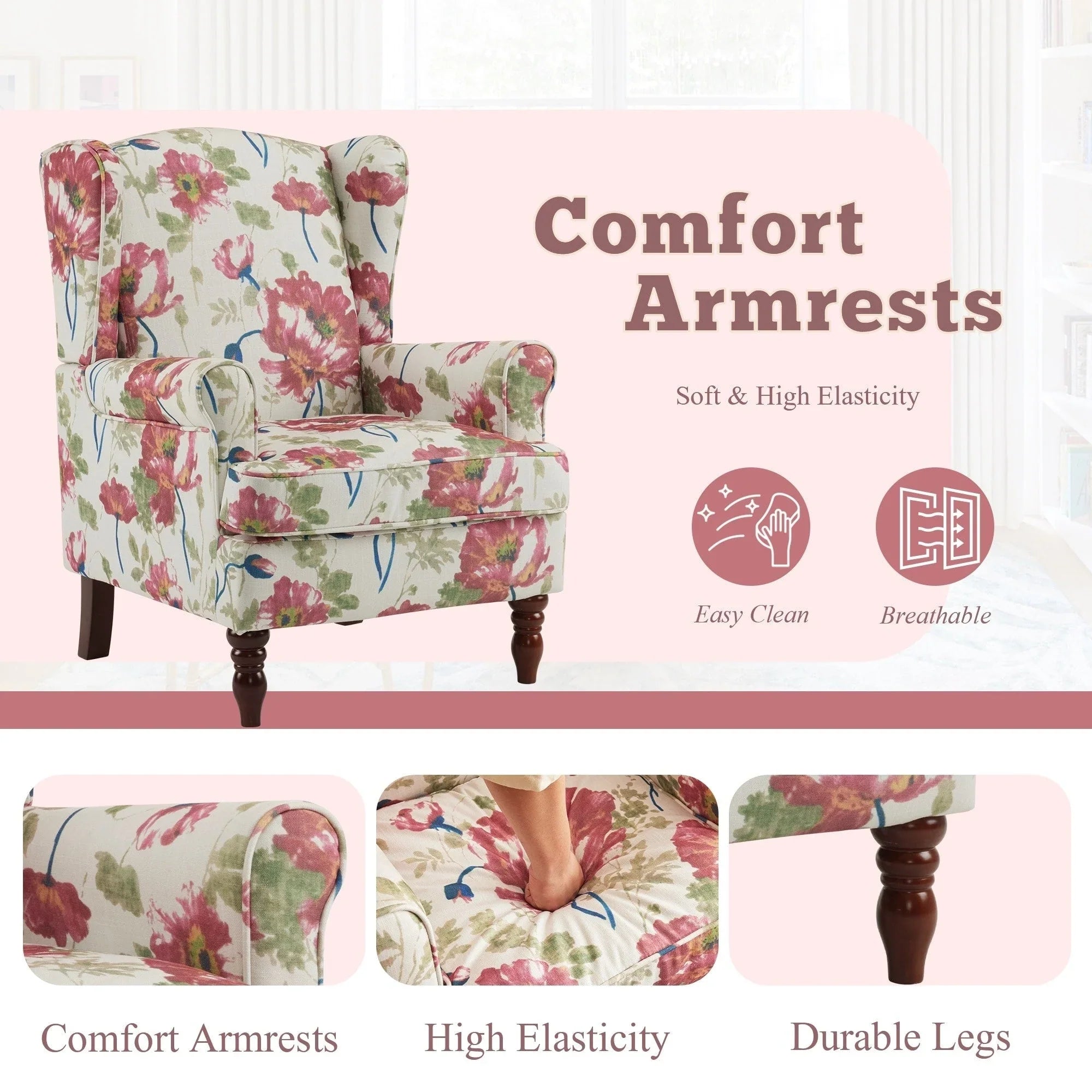 Erommy Modern Accent Chair, High Back Armchair, Upholstered Fabric Button Single Sofa with Wooden Legs for Living Room – Image 160