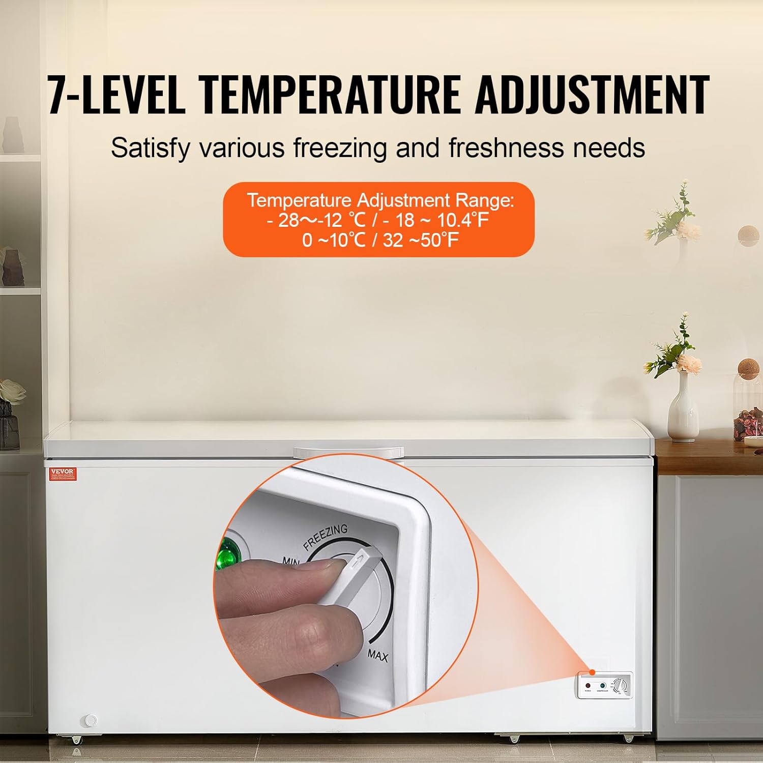 VEVOR Congélateur Coffre 488 L, Grand Surgélateur Autoportant avec 4 Paniers Amovibles, Porte Ouverte sur le Dessus avec Couvercle Verrouillable, Température Réglable sur 7 Niveaux, Éclairage LED – Image 4