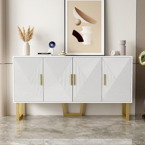 Buffet Salon Blanc Moderne avec 4 Portes Texturées, Façade Brillante, Poignées Dorées, Meuble Elégant, 150x40x82cm
