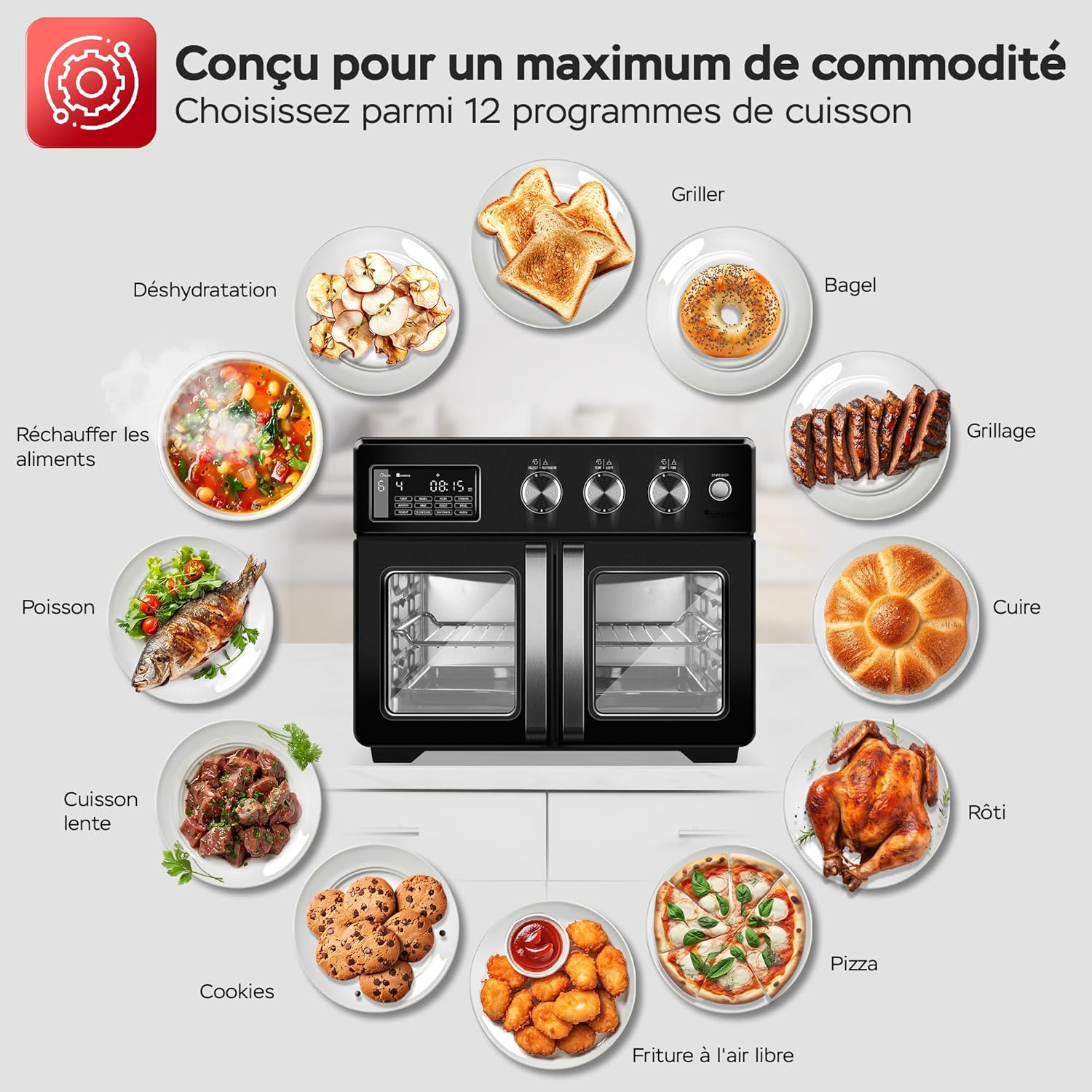 TurboTronic Mini four, four à air chaud 4 en 1 et friteuse à air chaud, version XXL 32 L, y compris tournebroche et de nombreux accessoires, plaque de cuisson, déshydrateur à partir de 25 °C & grill – Image 6
