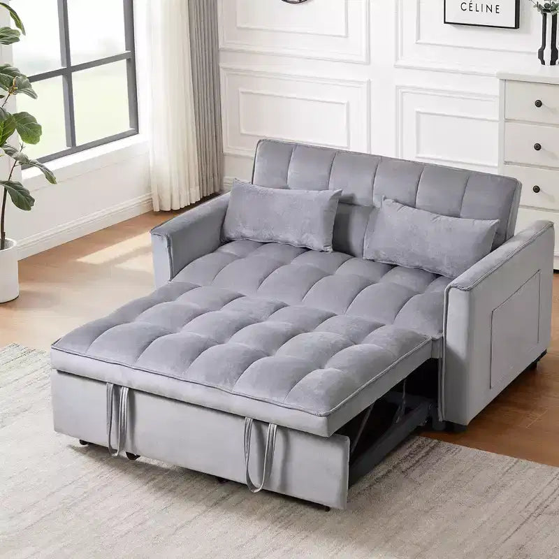 Cement Gray 3 in 1 Velvet Convertible Sleeper Sofa Bed with Pillows and Pockets, Modern Pull Out Couch Bed, Adjustable Backrest