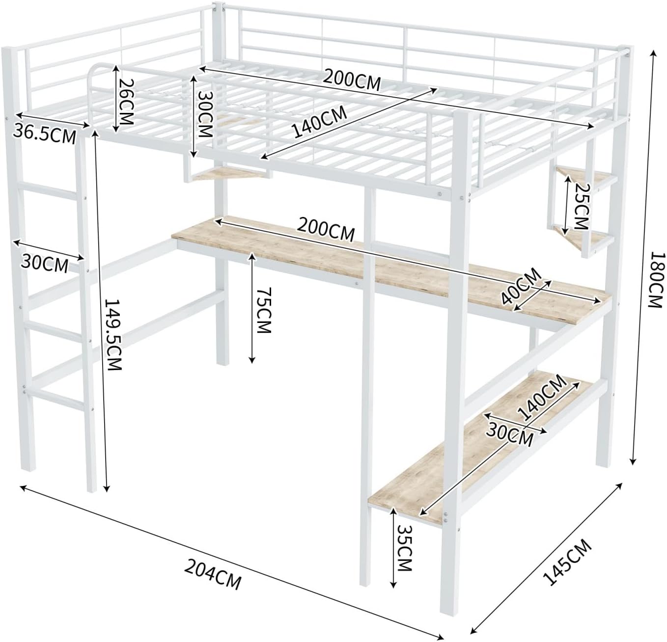 PUGSDRLY Lit Mezzanine Double 140x200cm avec Bureau et étagères, Cadre en Fer, Hauteur Adulte/Adolescent Blanc – Image 2