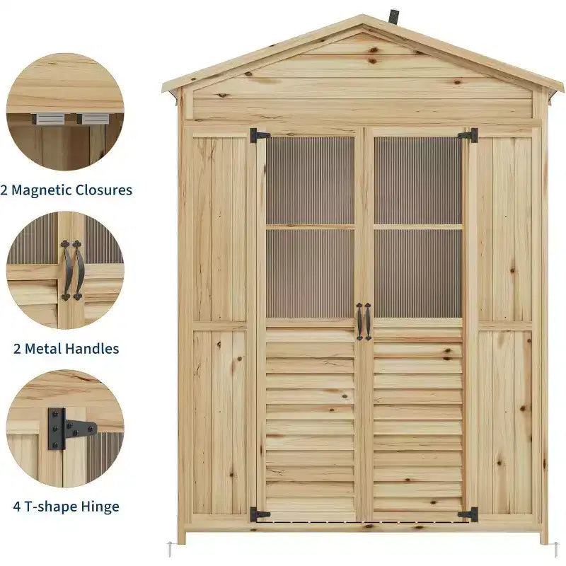Weather-Resistant Wooden Patio Cabinet Fir Wood with Waterproof Roof, 6 Adjustable Shelves, Stakes & Anti-Falling Kits Ideal for Garden Tools – Image 4