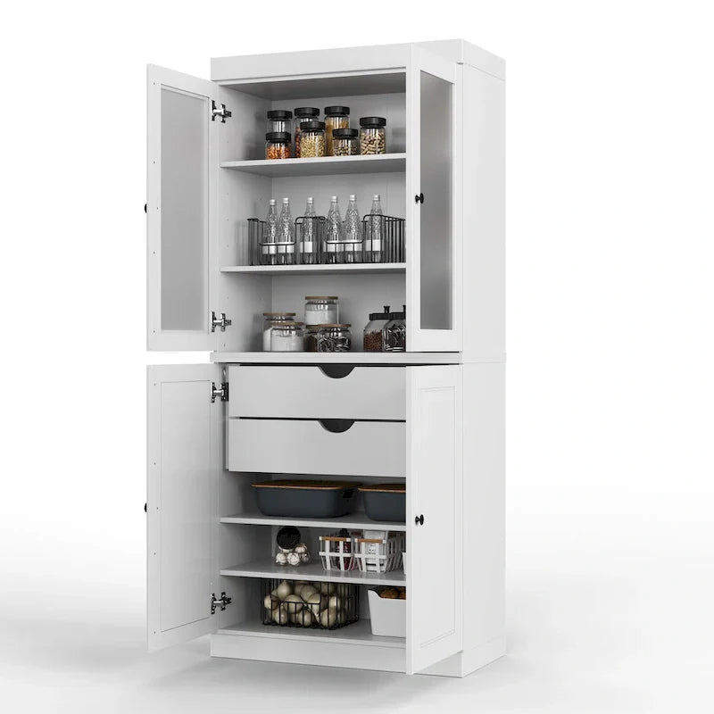 100% Solid Wood Pantry Cabinet with Frosted Glass Doors, Solid Doors, 2-Drawers and Adjustable Shelves – Image 11