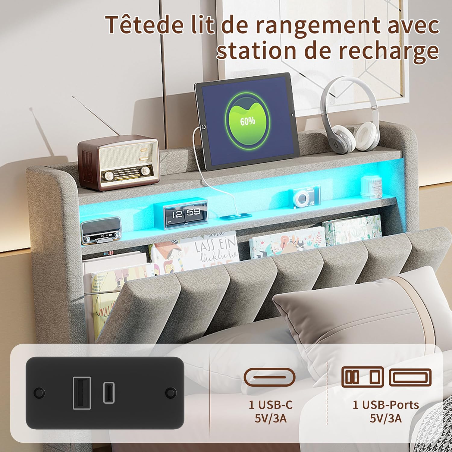 Lit Coffre 90x200 cm avec LED et Ports USB,Tête de Lits avec Rangement,Lit Double avec Sommier à Lattes, Facile à Assembler,pour Adultes et Adolescents,Velours (Gris, 90x200 cm) – Image 5