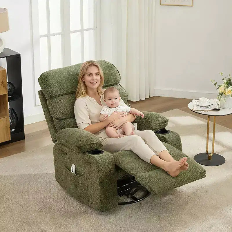 Massage Rocker Recliner with Heating, 360 Swivel Glider Recliner Chairs for Adults, Linen Nursery Chair with Side Pocket, Two Cup Holders – Image 3