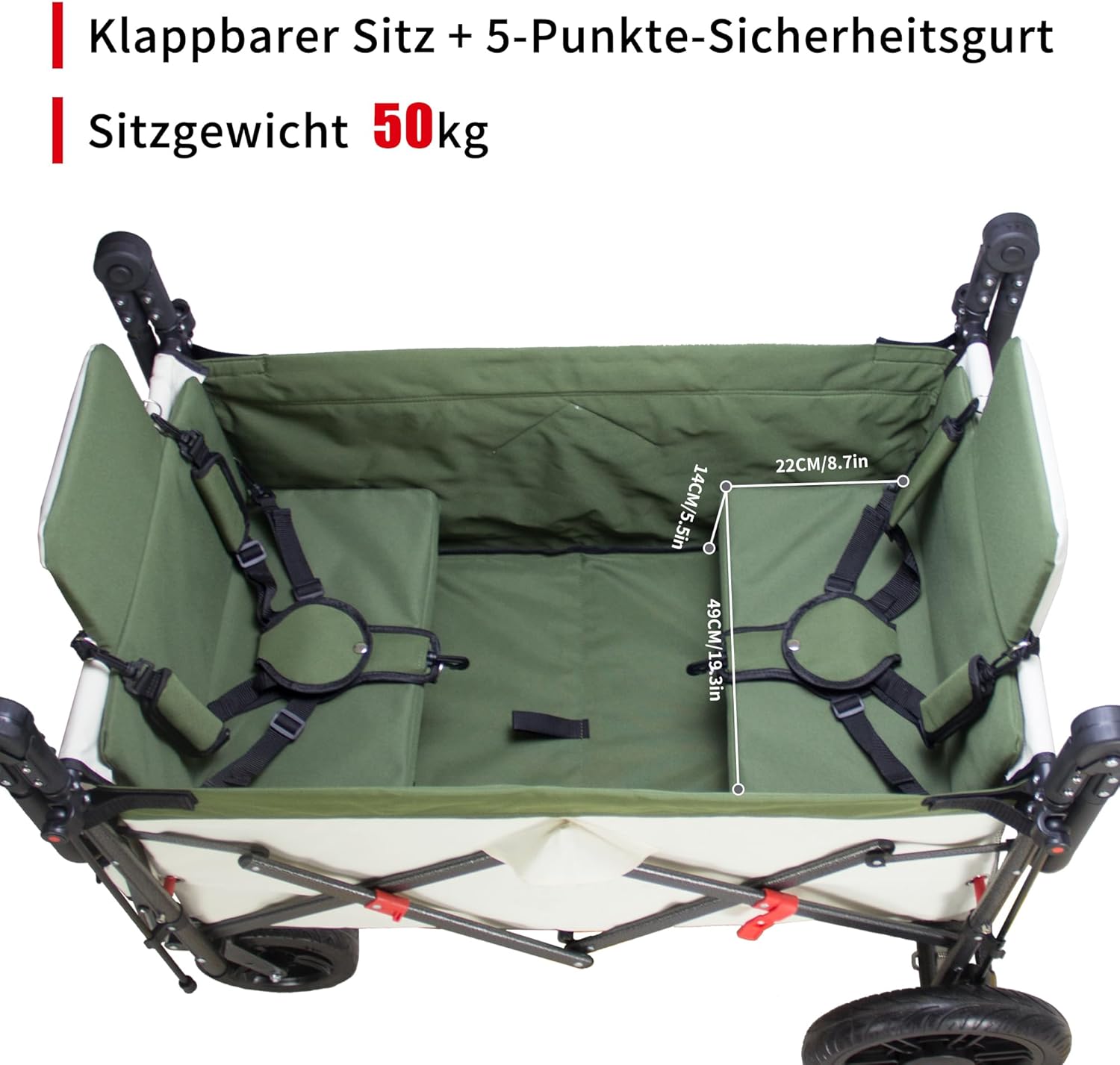 TOPWELL Chariot de transport pliable de 180 l jusqu'à 120 kg avec 2 sièges pliables/toit/frein, chariot de transport pliable avec roues en polyuréthane vert/beige – Image 4