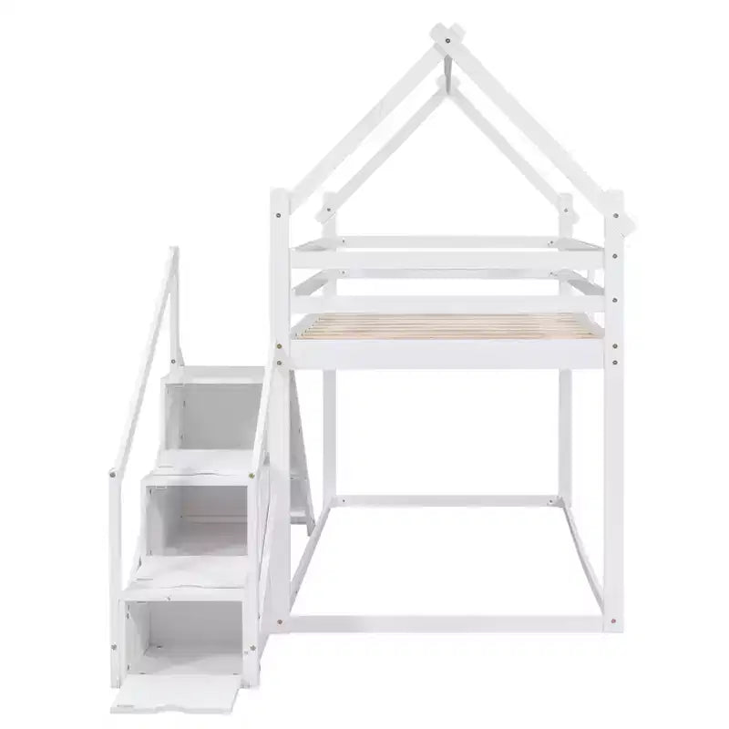 House Bunk Beds with Slide and Storage Stairs, Kids Wood Twin over Twin Bunk Bed with Roof and Stairs for Girls Boys – Image 21