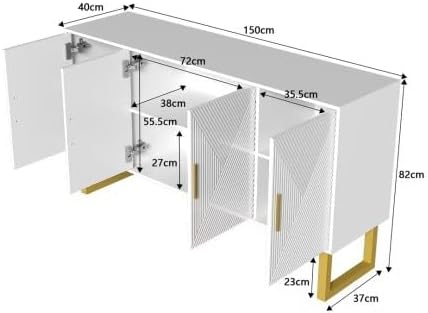 Buffet Salon Blanc Moderne avec 4 Portes Texturées, Façade Brillante, Poignées Dorées, Meuble Elégant, 150x40x82cm – Image 2
