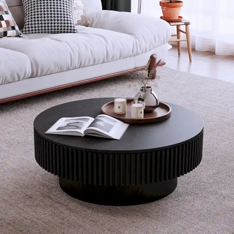 Modern Solid Wood Veneered Round Coffee Tea Table with Storage – Image 31