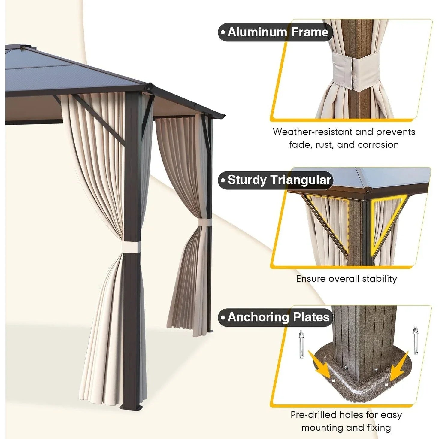 EROMMY Hardtop Gazebo,Outdoor Pergola with Double Roof & Netting & Curtains,Heavy Duty Canopy for Patio, Backyard, Pool party – Image 64