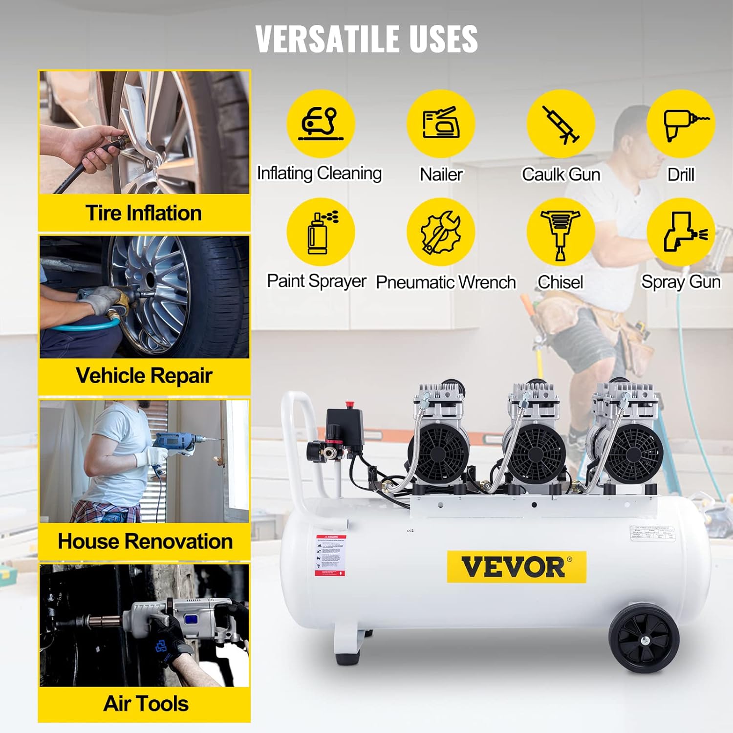 VEVOR Compresseur d’Air sans Huile Compresseur Silencieux à Air Comprimé Compresseur Outil d’Atelier pour Réparations Domiciliaires, Gonflage de Pneus (100L 2.2KW, Électrovanne) – Image 6