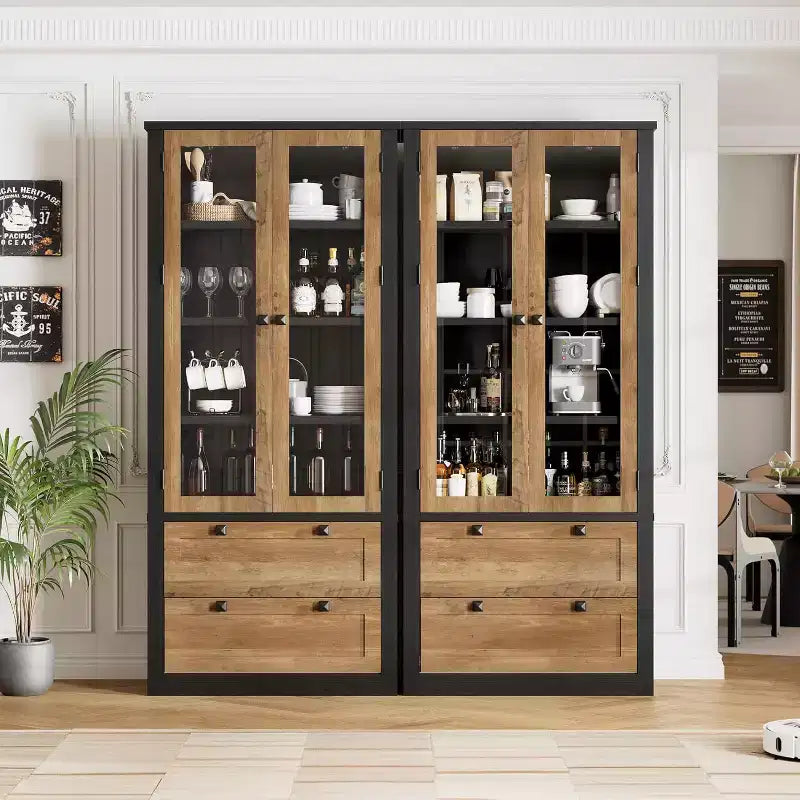 Farmhouse Kitchen Pantry Cabinet with Glass Doors, 72in Storage Cupboard with Drawers and Adjustable Shelves for Dining Room Bathroom Living Room – Image 9