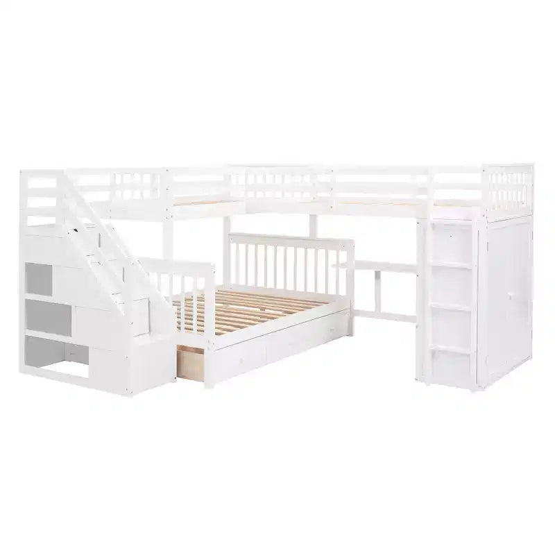 Whisen Modern Design Twin over Full L-Shaped Bunk Bed With 3 Drawers, Portable Desk and Wardrobe – Image 62