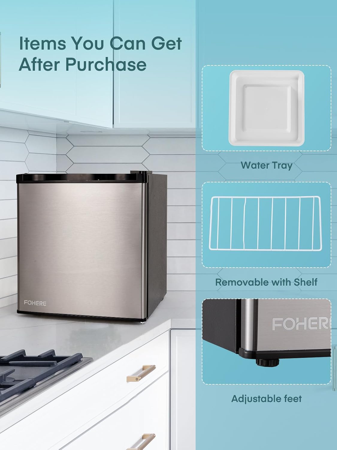 FOHERE Mini Réfrigérateur 46L, Petit Frigo avec Thermostat Réglable, Économie d'Énergie, Silencieux, Porte Réversible, Minibar, Adapté à la Maison et au Bureau, Dortoir, Hôtel, Inox – Image 3