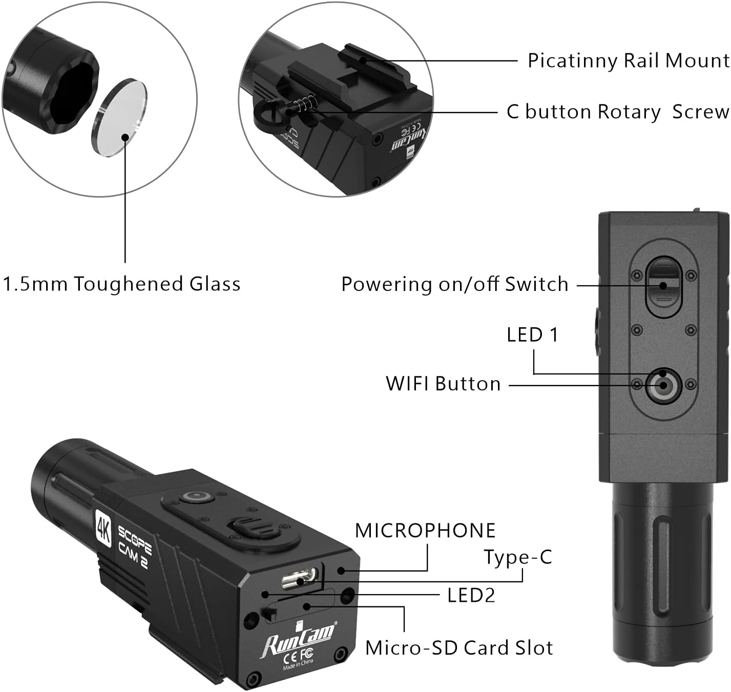 RunCam ScopeCam2 4K Airsoft Camera 4X Digital Zoom HD Mini WiFi Action Camera for Airsoft Paintball Hunting Tactical Training with Recording Switch Cable-35mm Lens – Image 2