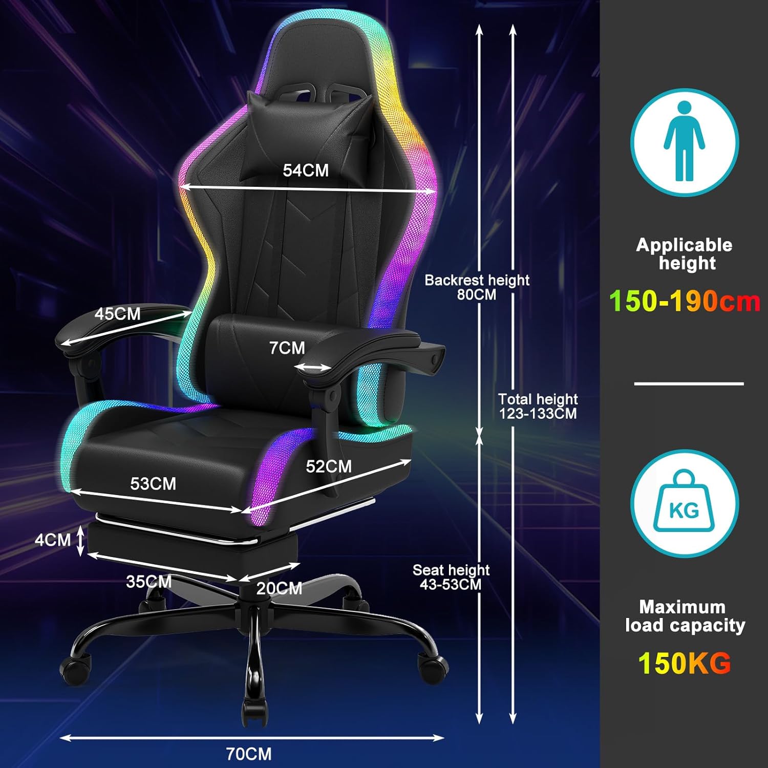 Devoko Chaise Gaming Ergonomique avec LED RGB, Massage Lombaire & Repose-Pieds – Fauteuil Gamer avec Appui-tête réglable – Dossier inclinable & Hauteur Ajustable – 180 kg – Noir – Image 5
