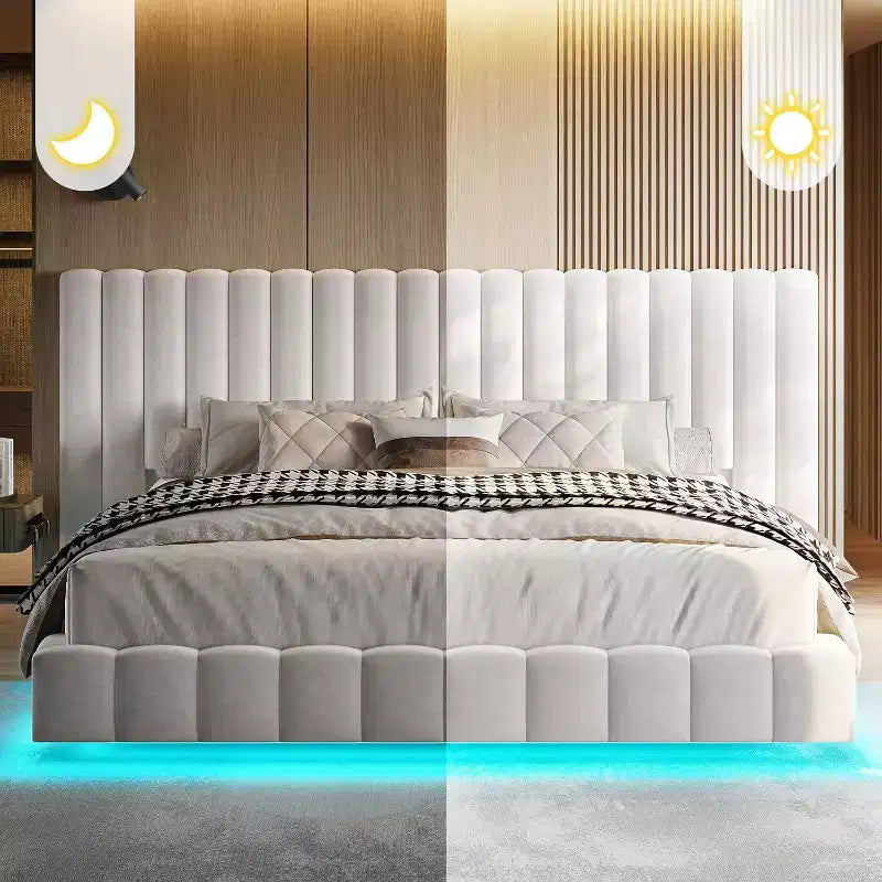 AMERLIFE Upholstered Platform Bed with LED Lights, Floating Design, Solid Slat Support – Image 7