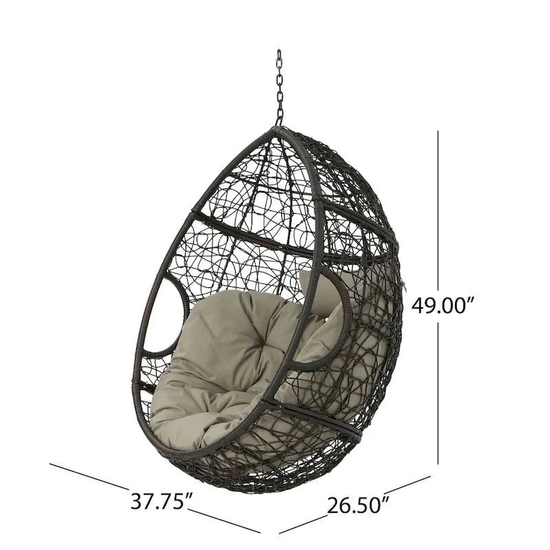 Khaki Brown / Gray Wicker Hanging Egg Chair with Cushion, 1-Person, 300 lbs Capacity – Image 17