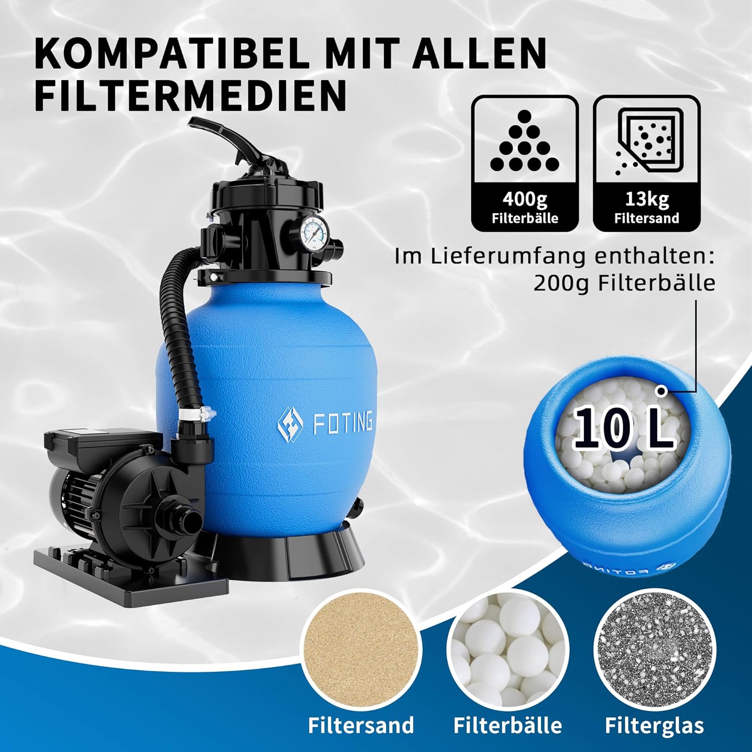 FOTING Système de Filtre à Sable pour Piscine 11 500 L/h (11,5 m³/h) INCL. 200 g de Billes Filtrantes, Filtre de Piscine avec Vanne 7 Voies, Minuterie 24 h, Adaptateur 2-en-1 Ø32–38 mm – Image 11