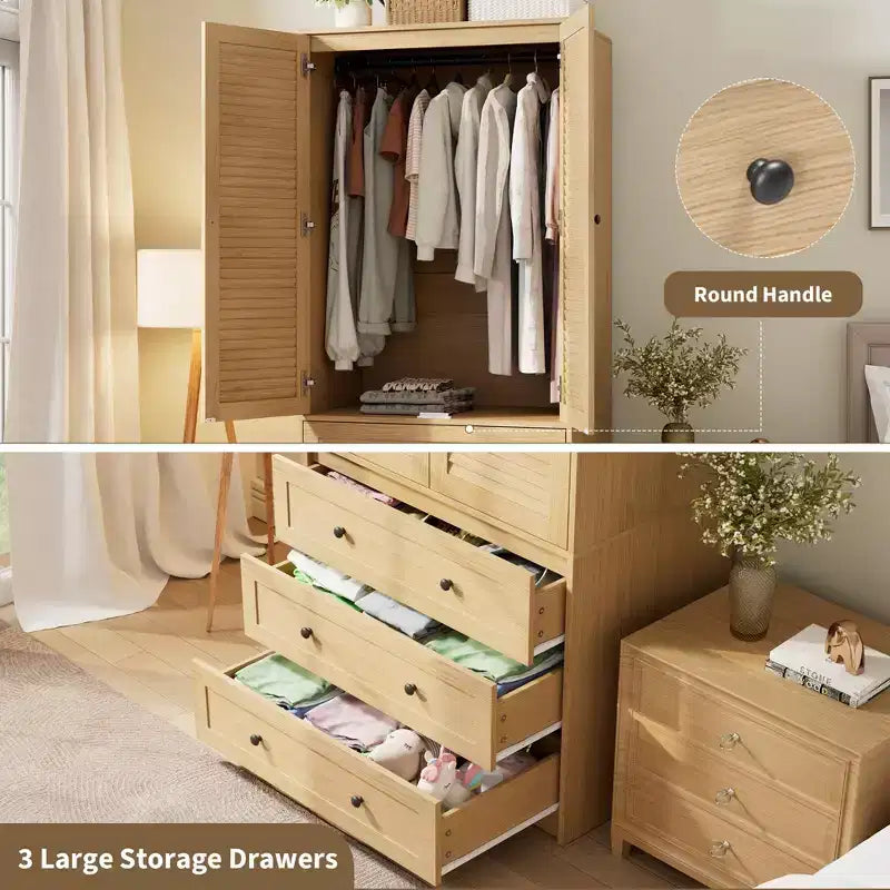 COZONY Armoire Wardrobe with 3 Drawers & 2 Doors, Modern Wooden Closet Cabinet for Bedroom, Heavy Duty White Standing Armoire – Image 24