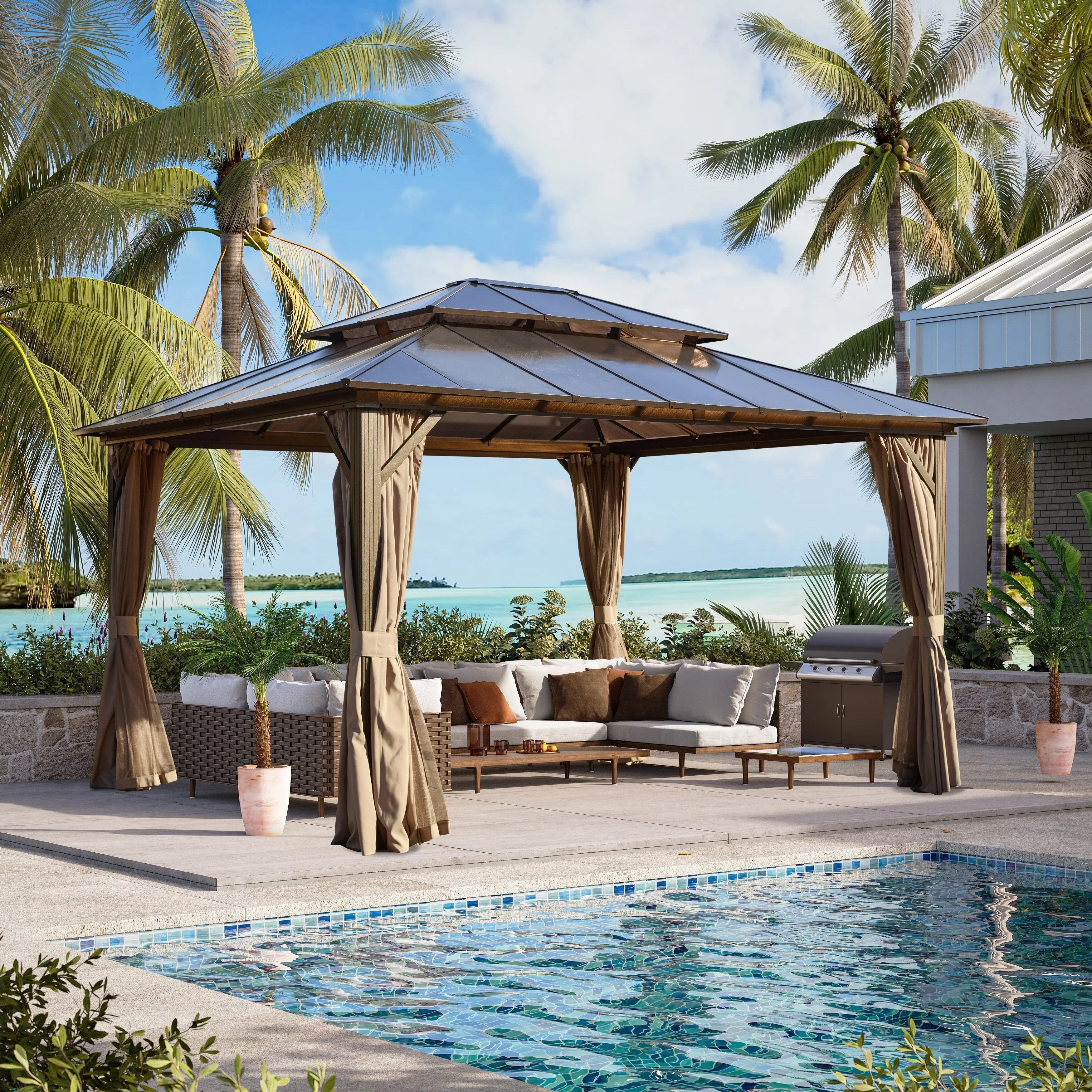 EROMMY Hardtop Gazebo,Outdoor Pergola with Double Roof & Netting & Curtains,Heavy Duty Canopy for Patio, Backyard, Pool party – Image 76
