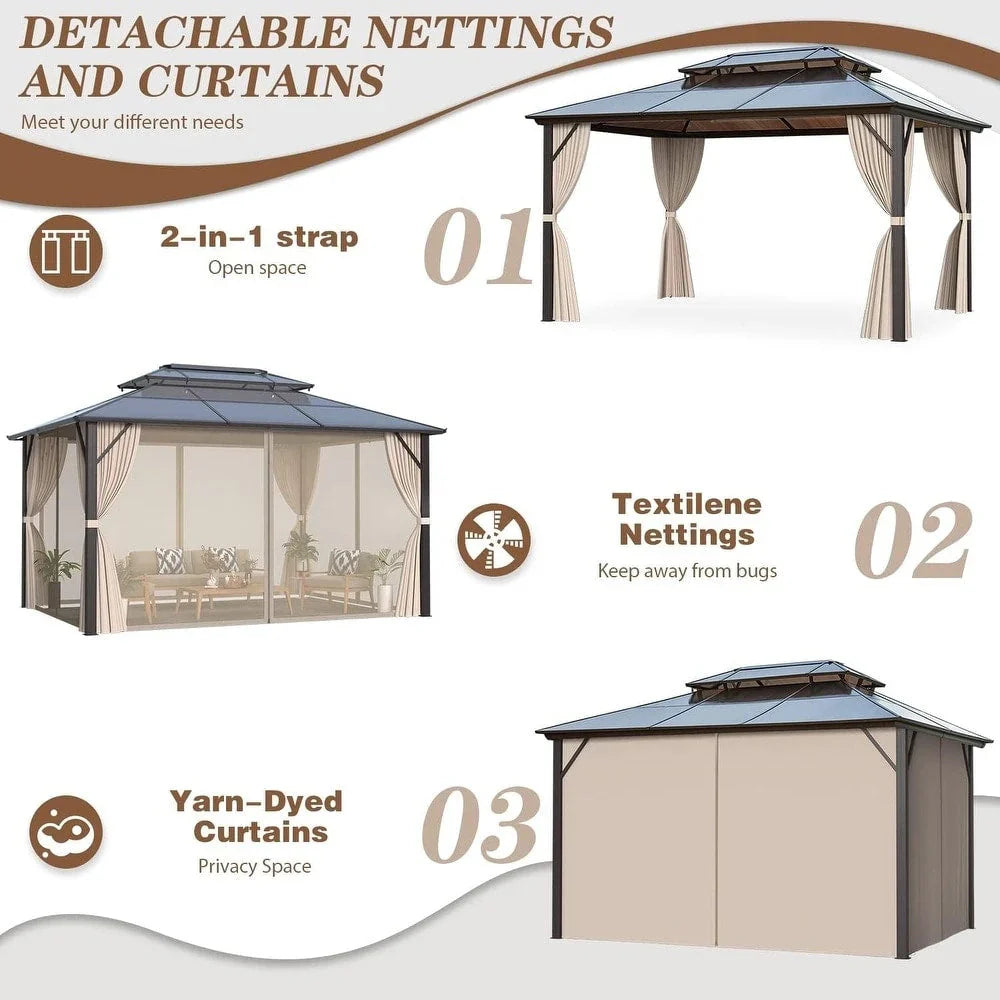EROMMY Hardtop Gazebo,Outdoor Pergola with Double Roof & Netting & Curtains,Heavy Duty Canopy for Patio, Backyard, Pool party – Image 93