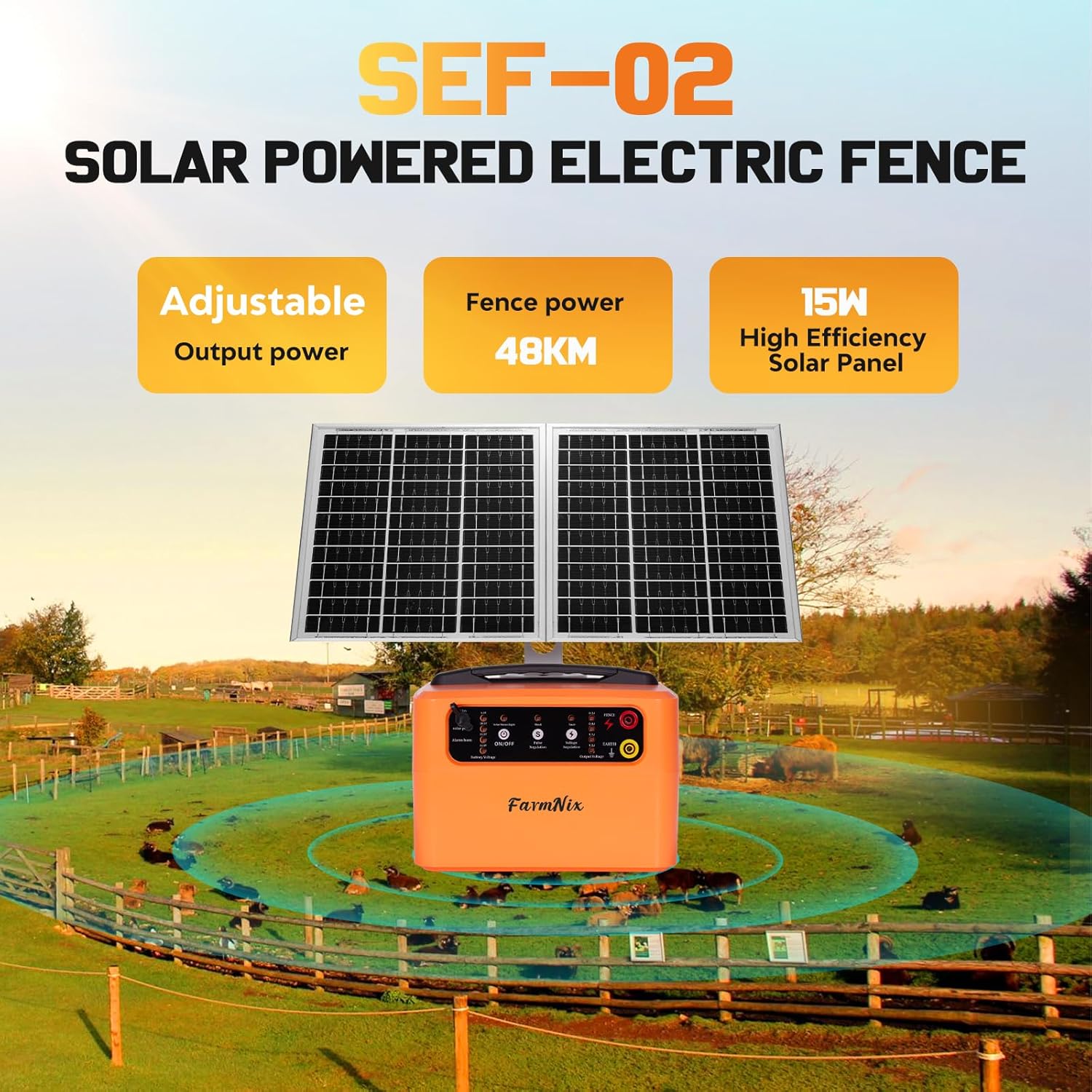 FarmNix 48KM Électrificateur Clôture Electrique Solaire, 6KV-12KV avec Panneau Solaire 15W & Batterie 7Ah 12V, 0.3-1.5J pour élevage d'animaux de berger, pour ferme, pâturage, jardin – Image 2