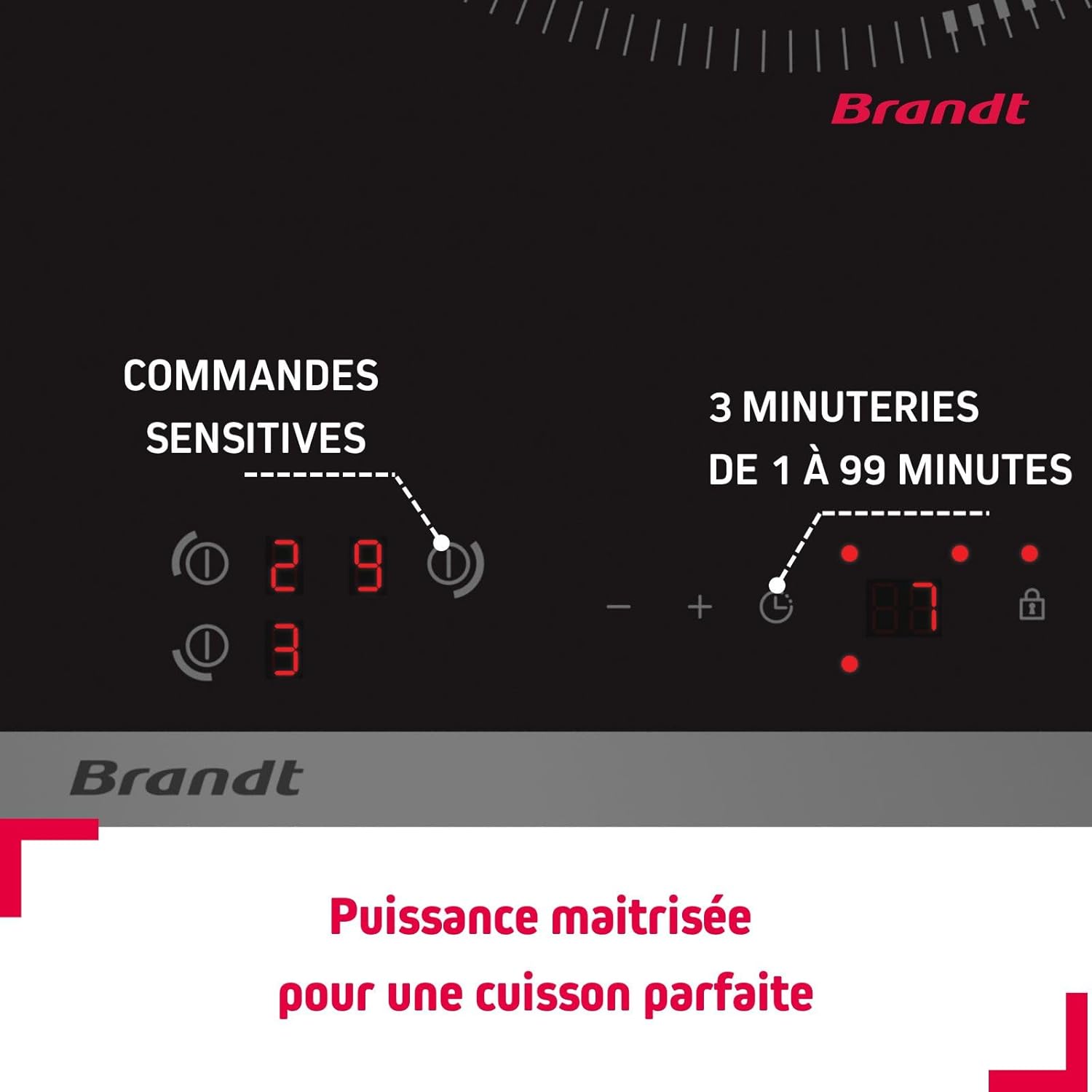 Brandt - BPI6315B - Plaque Induction - Table de Cuisson Encastrable - Noir - 3 Foyers - 7200W - Dimensions Encastrement : 56x49cm - Grand Foyer 28 cm et 10 Positions sécurités - Fabriqué en France – Image 4