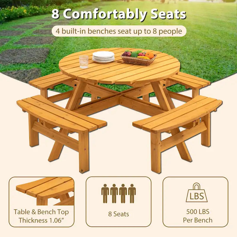 8-Person Outdoor Patio Fir Wood Round Picnic Dining Set with 4 Built-in Benches and Umbrella Hole – Image 19
