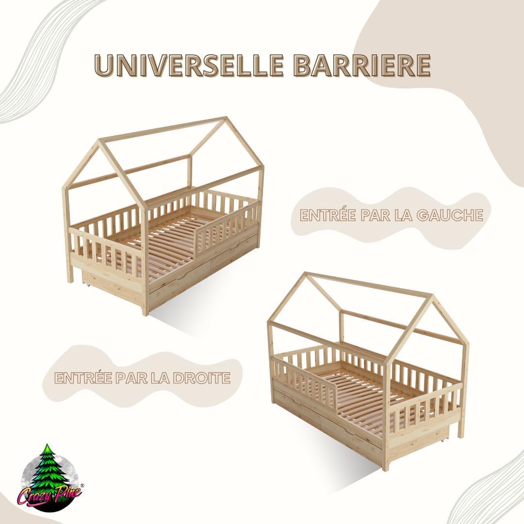 Crazy Blanco Lit de maison avec tiroirs, 90 x 190 cm, en bois naturel, avec protection anti-chute, design scandinave, lit de sol Montessori avec espace de rangement supplémentaire – Image 8